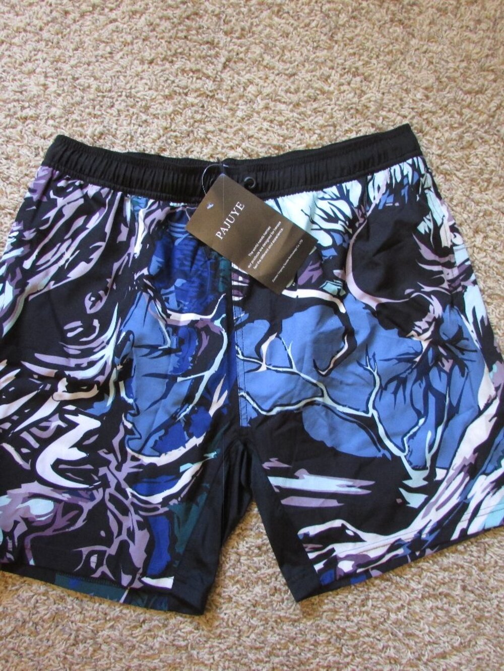 NWT Pajuye XXL Swim Trunks Mesh Liner Beach Vacation Black Multi Pattern Elastic